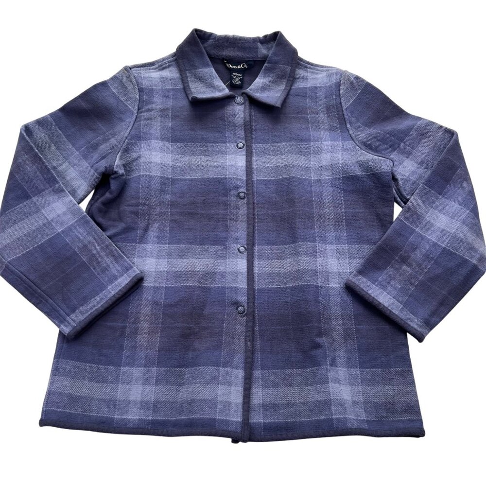Denim & Co. Plaid Snap Jacket Medium 100% Cotton Blue & Gray Womens Flannel Coat